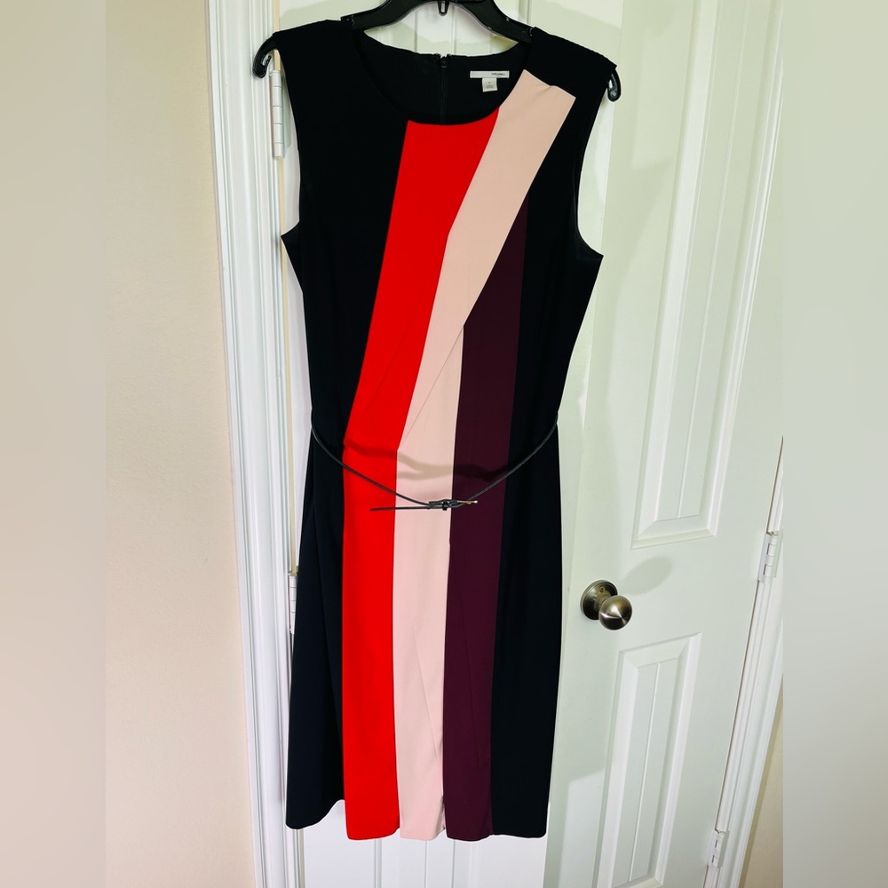 Black, coral and pink sleeveless dress with belt.